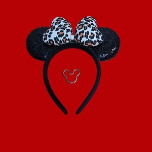 Minnie Mouse Sequin Ears Headband Leopard Print Bow Black Animal Safari